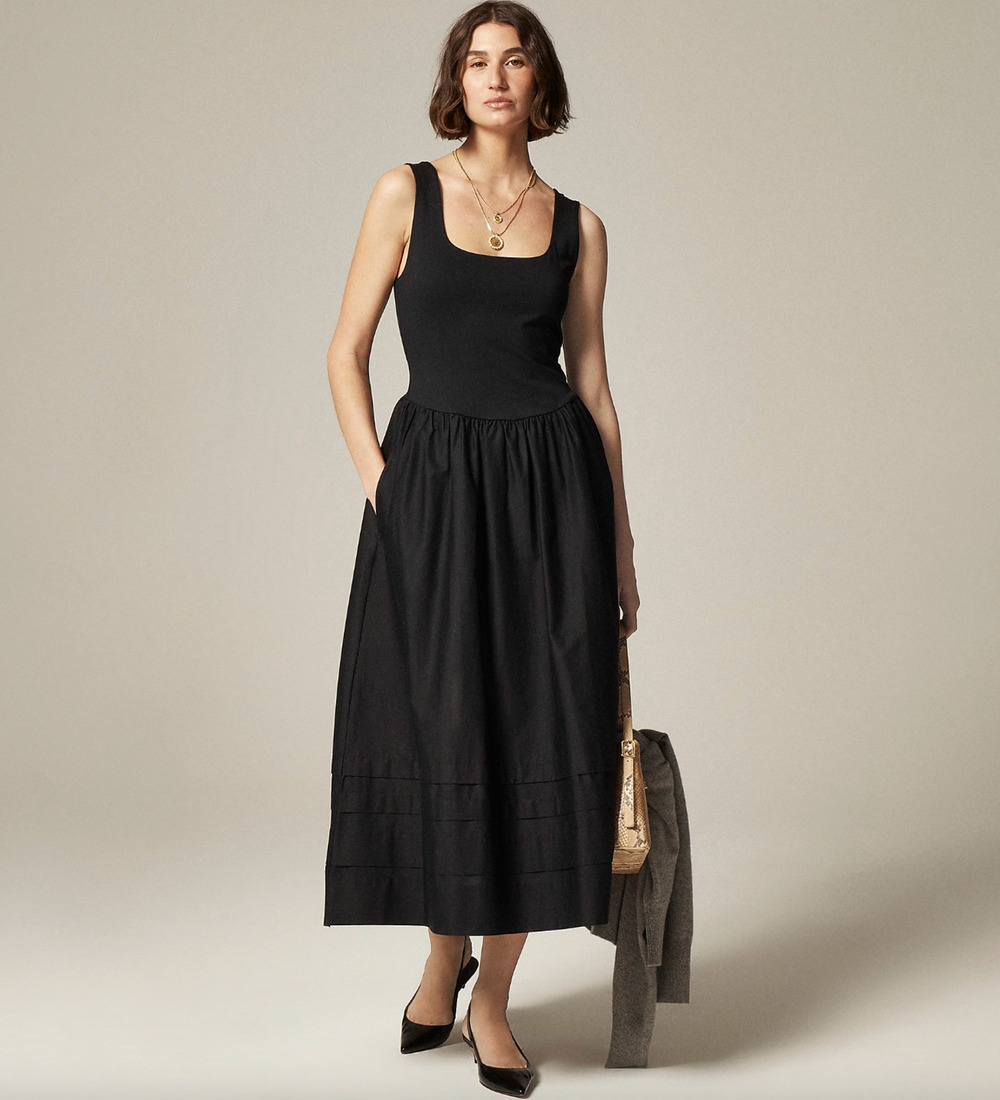 J.Crew Drop Waist Mixy Dress Midi Cotton A Line Retro Minimalist Black Large NWT